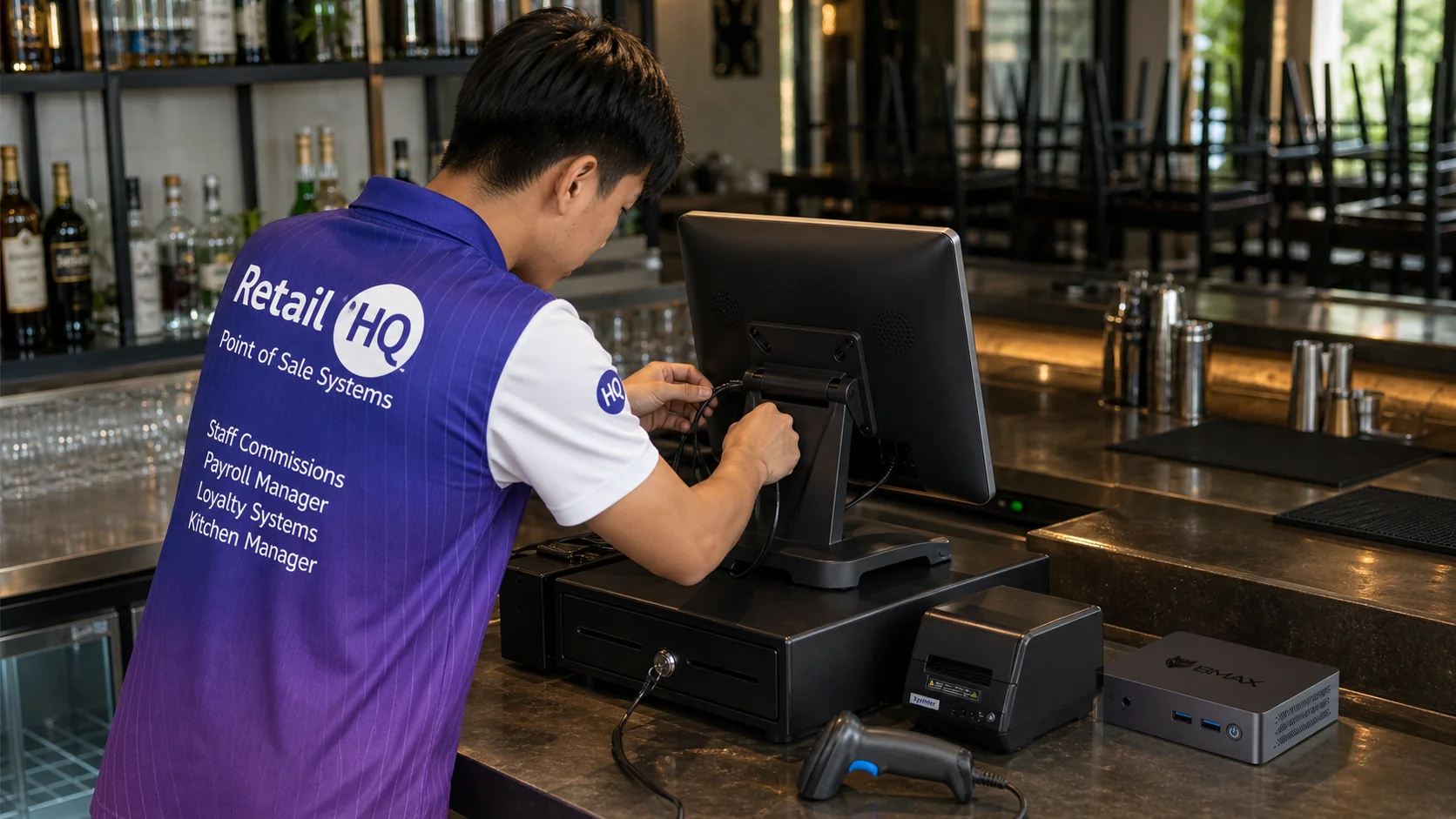 Bar POS hardware installation with screen, cash drawer and printer