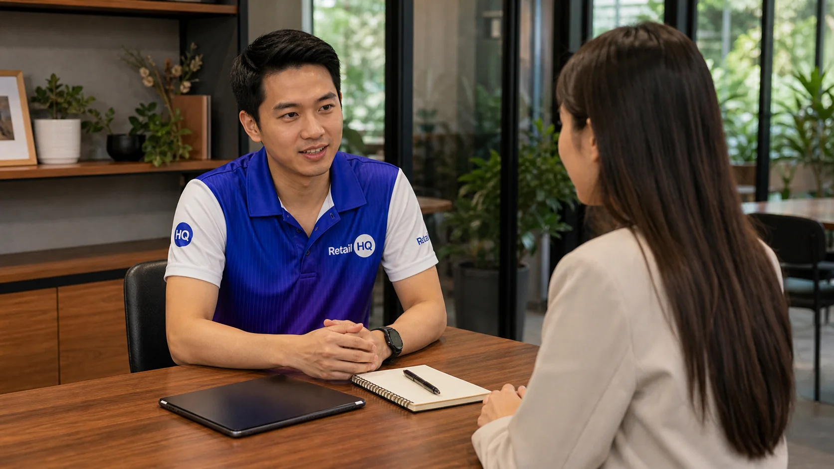 Career interview and application conversation at Retail HQ