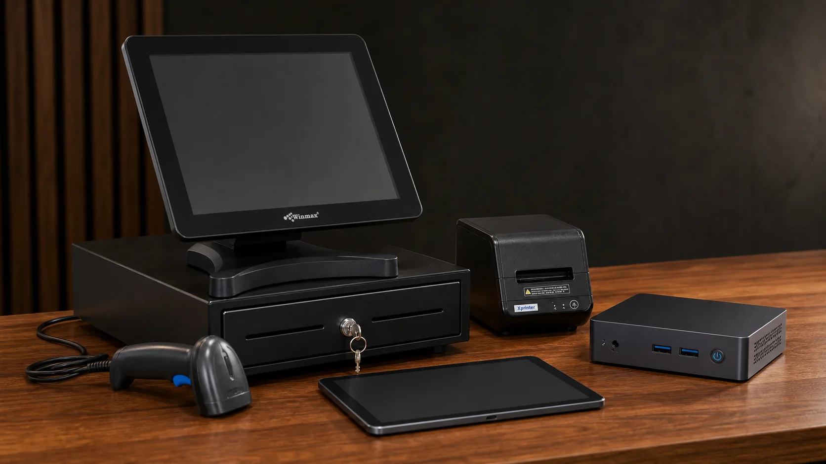 Complete Retail HQ POS hardware setup with screen, printer, scanner, cash drawer and tablet