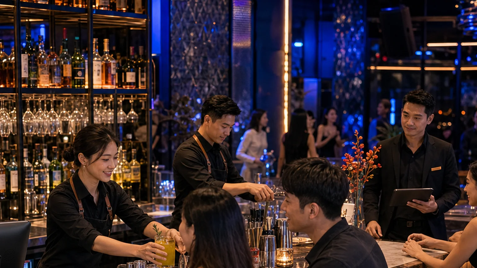 Professional bartenders working through a busy evening shift