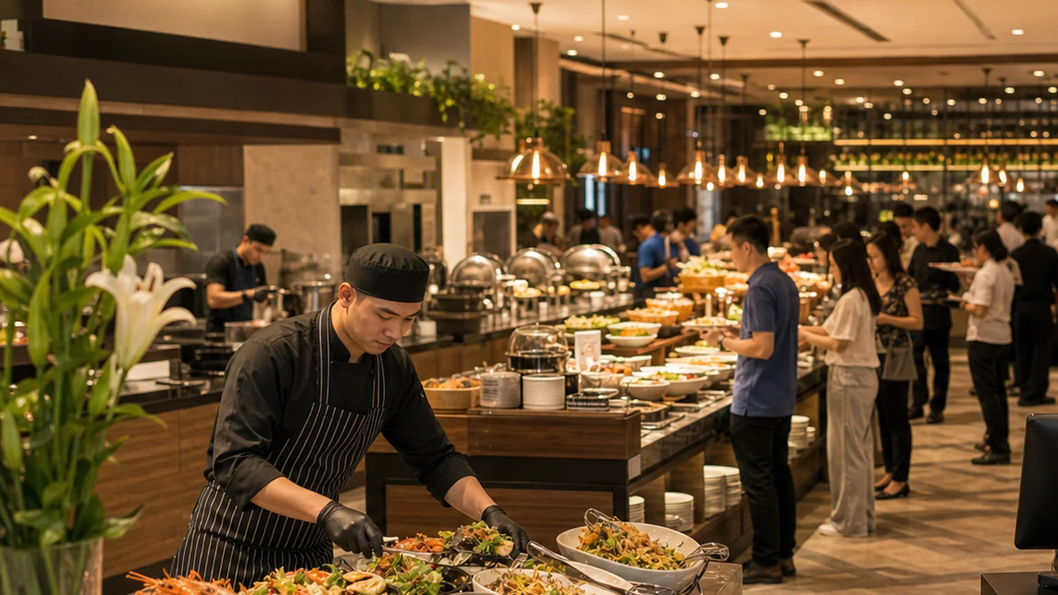 High-volume buffet operation with coordinated chefs and service staff
