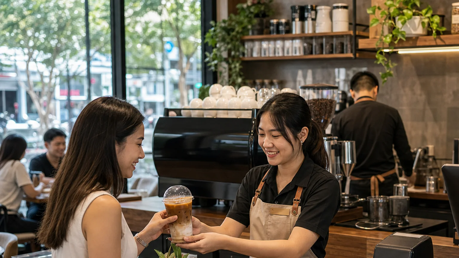 Independent cafe serving customers during the morning rush