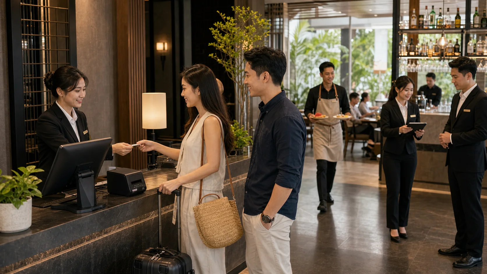 Hotel team coordinating reception, restaurant and guest operations