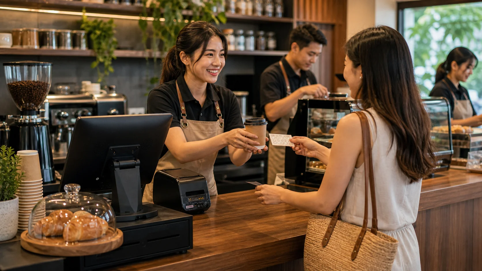 Cafe POS service counter with tablet and cashier workflow