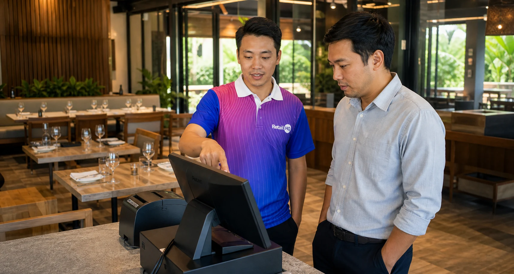 Retail HQ technician training a restaurant manager during a POS installation