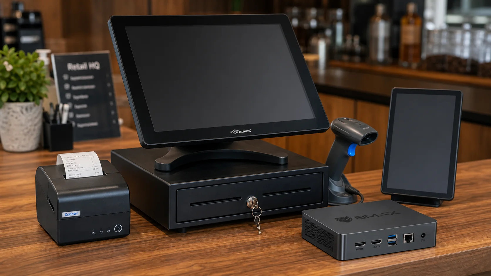 POS hardware ecosystem with screen printer scanner cash drawer and tablet