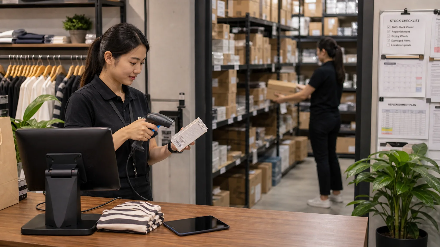Retail checkout and stockroom operations connected to POS